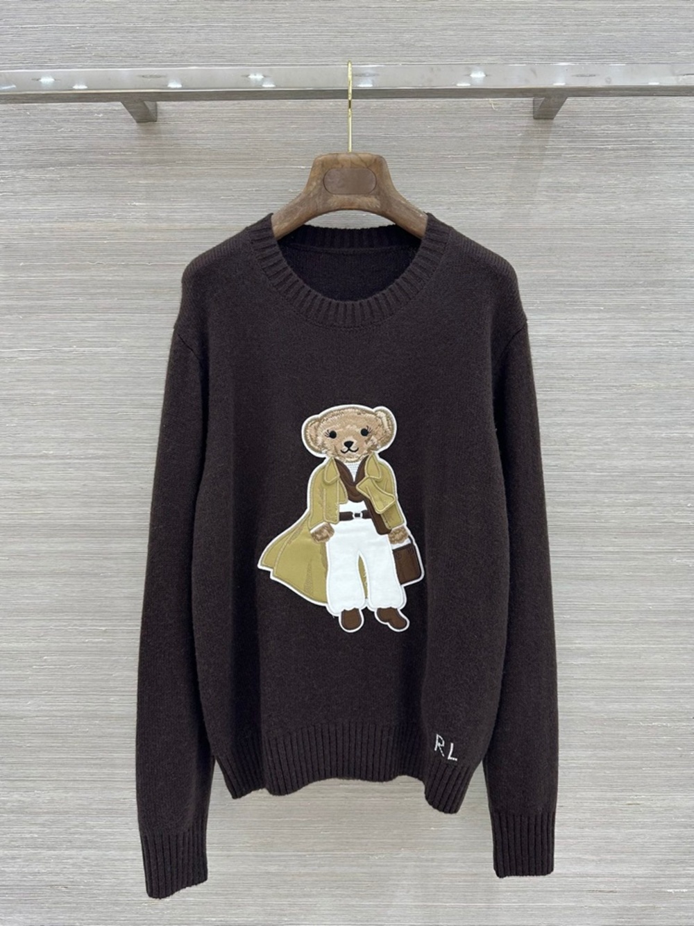 Ralph Lauren Lady Trench Bear Brown Crewneck Wool Sweater